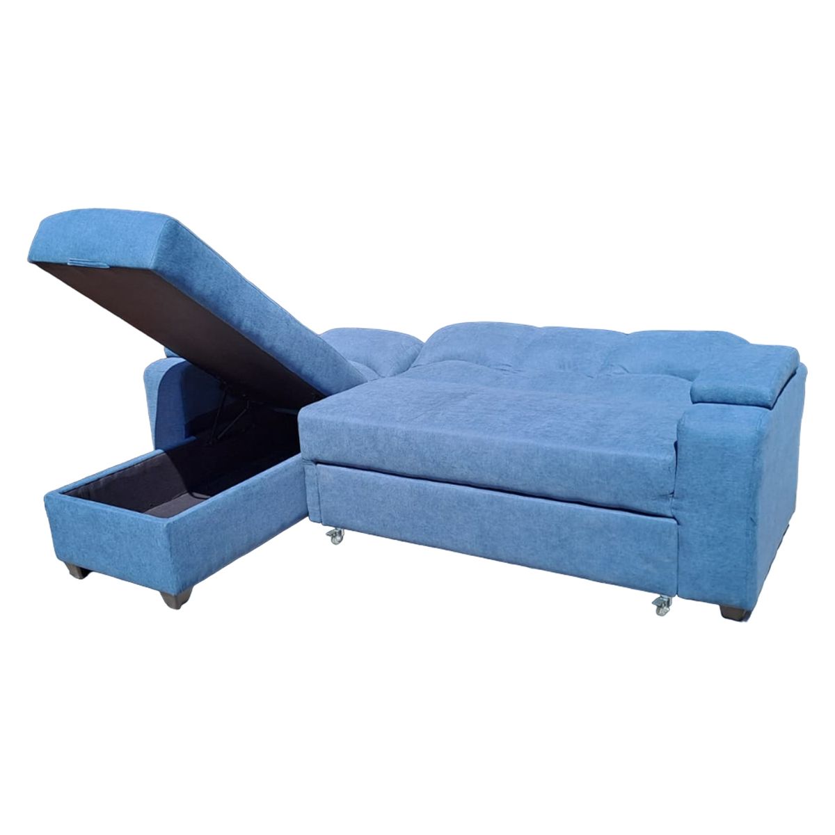MUEBLERIA LATINA - SECCIONAL CAMA BAUL FUNCIONAL 2 PZ DECO LINO AZUL IZQUIERDO