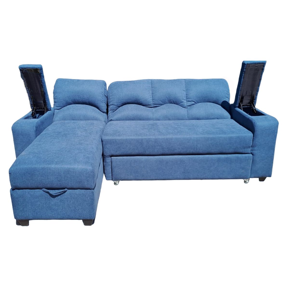 MUEBLERIA LATINA - SECCIONAL CAMA BAUL FUNCIONAL 2 PZ DECO LINO AZUL IZQUIERDO