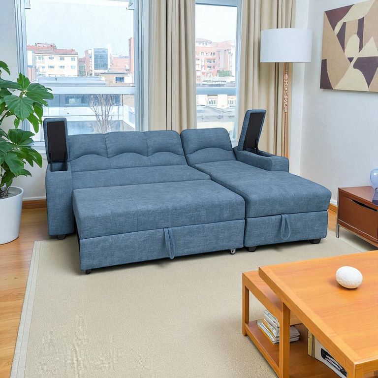 SECCIONAL CAMA BAUL FUNCIONAL 2 PZ DECO LINO AZUL DERECHO
