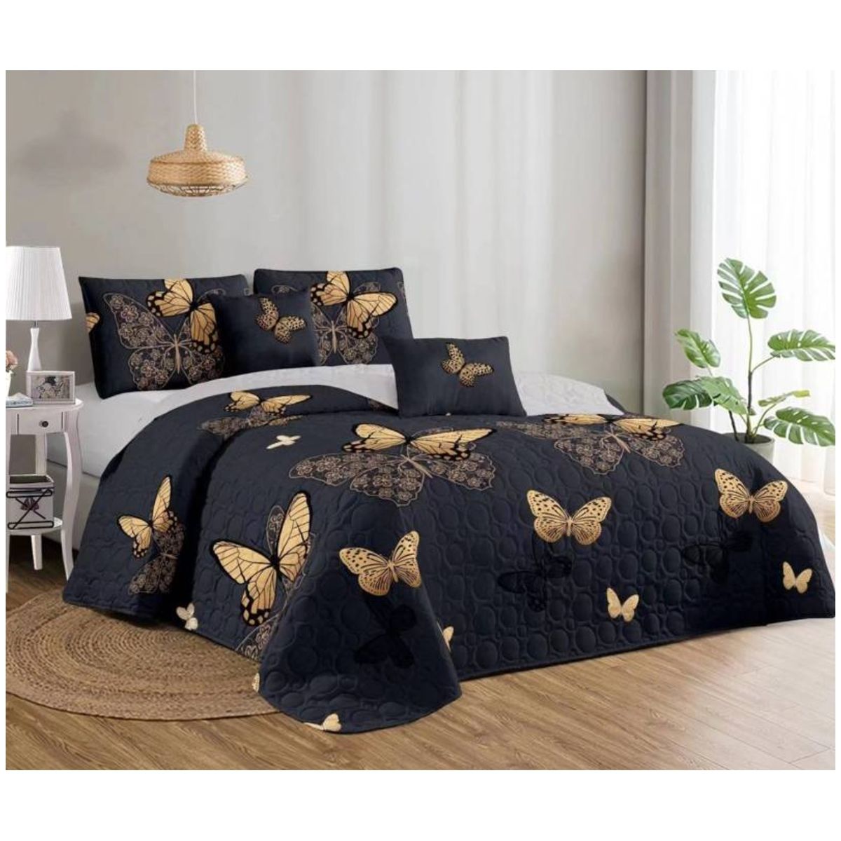 GENERICO - cubrecama negro Estampado de mariposas king TELA QUILT DE VERANO  TF.