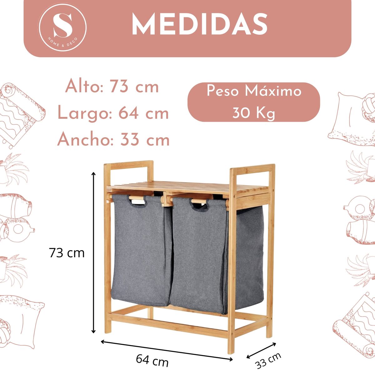 SANTU HOME & DECO - Estante de Bambú Para Ropa Con Doble Cesta Gris