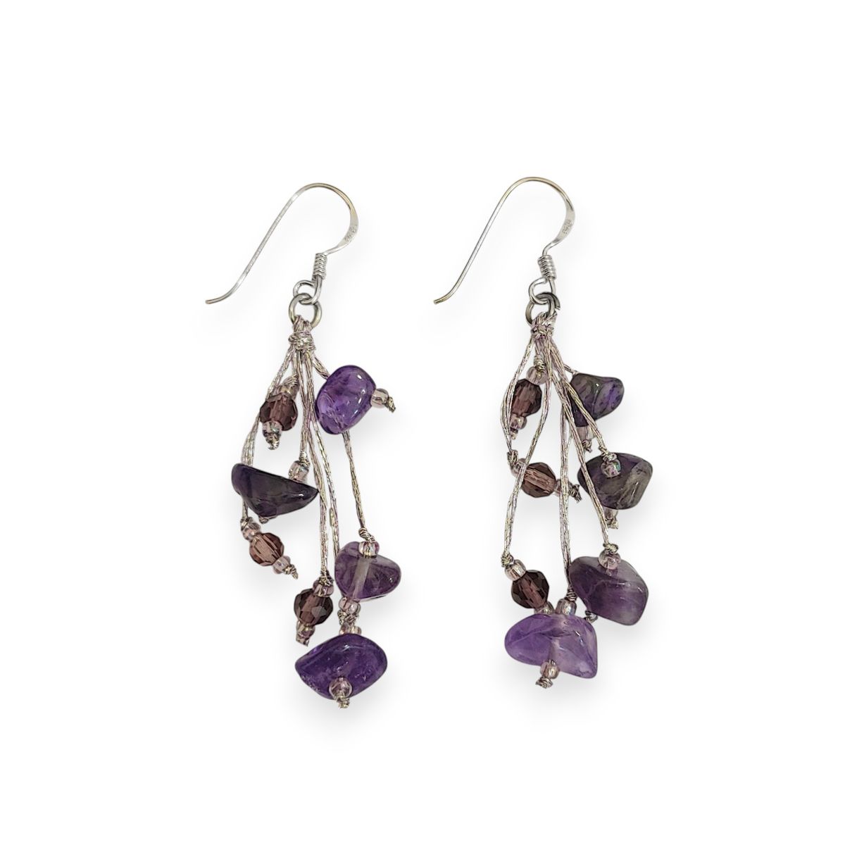 COGGIOLA - Aros Gancho Sansa Amatista Cristal Hilo Seda Plata Fina 925