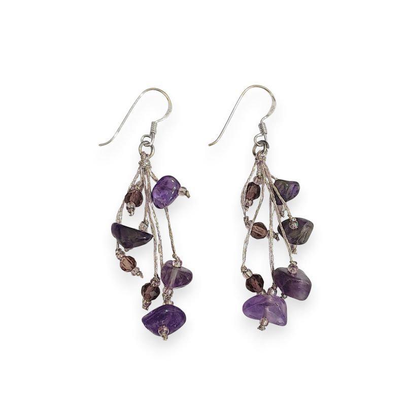 ANDREA COGGIOLA JOYAS - Aros Gancho Sansa Amatista Cristal Hilo Seda Plata Fina 925