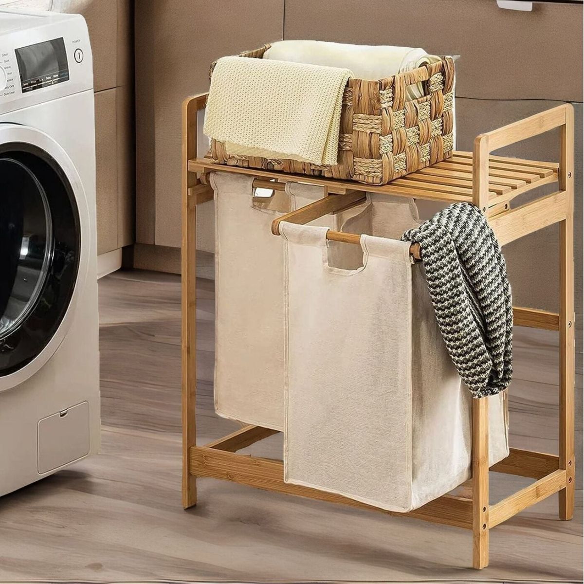 SANTU HOME & DECO - Estante de Bambú Para Ropa Con Doble Cesta Beige