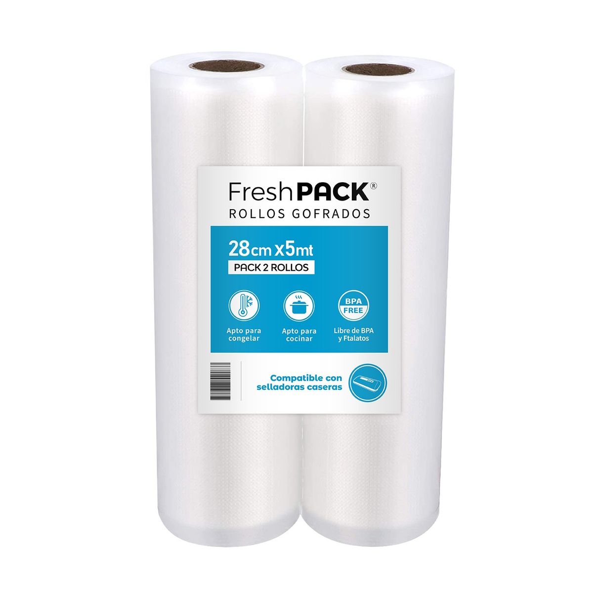 FRESHPACK - Pack 2 Rollos 28cm x 5mt Bolsas Sellado al Vacío Gofradas