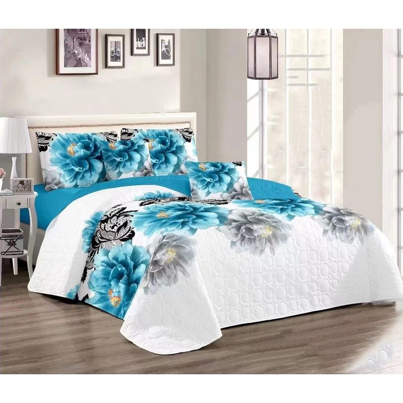 GENERICO - CUBRECAMA KING ESTAMPADO DE FLORES AZULES TELA QUILT DE VERANO TF