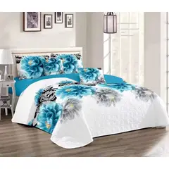 GENERICO - CUBRECAMA KING ESTAMPADO DE FLORES AZULES TELA QUILT DE VERANO TF