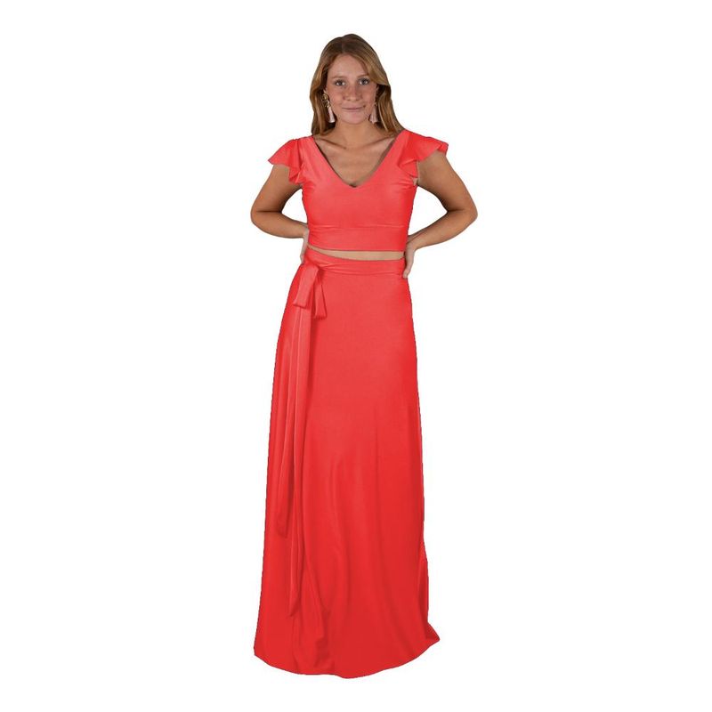 MARIA PASKARO - Conjunto Lima Coral Lycra Falda Lazo Maria Paskaro - Coral