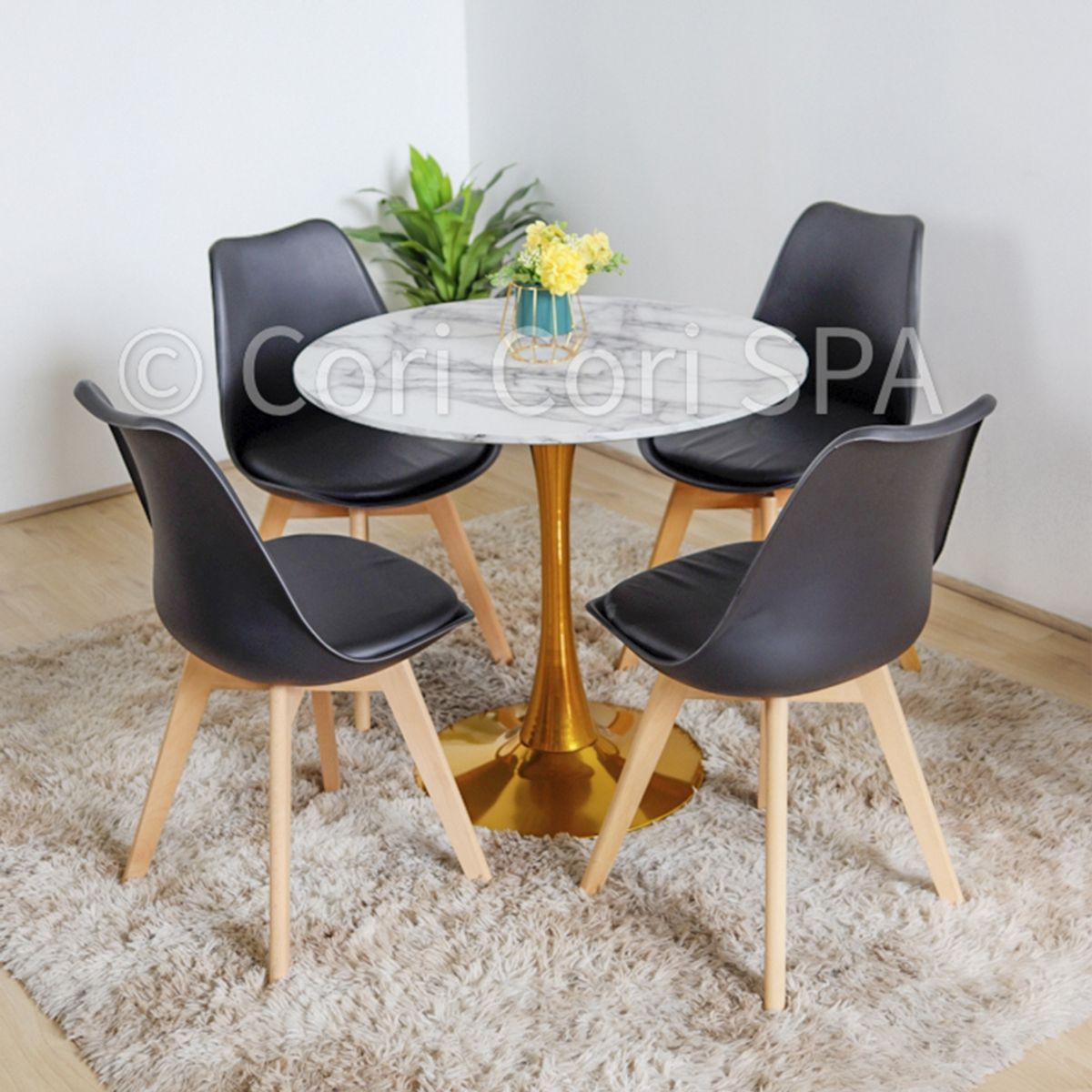 CORI CORI - Comedor Mesa Tulip Gold 80 cms + 4 Sillas Tulip Negras