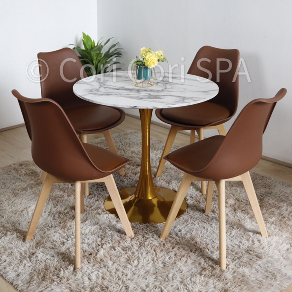 CORI CORI - Comedor Mesa Tulip Gold 80 cms + 4 sillas Tulip Chocolate