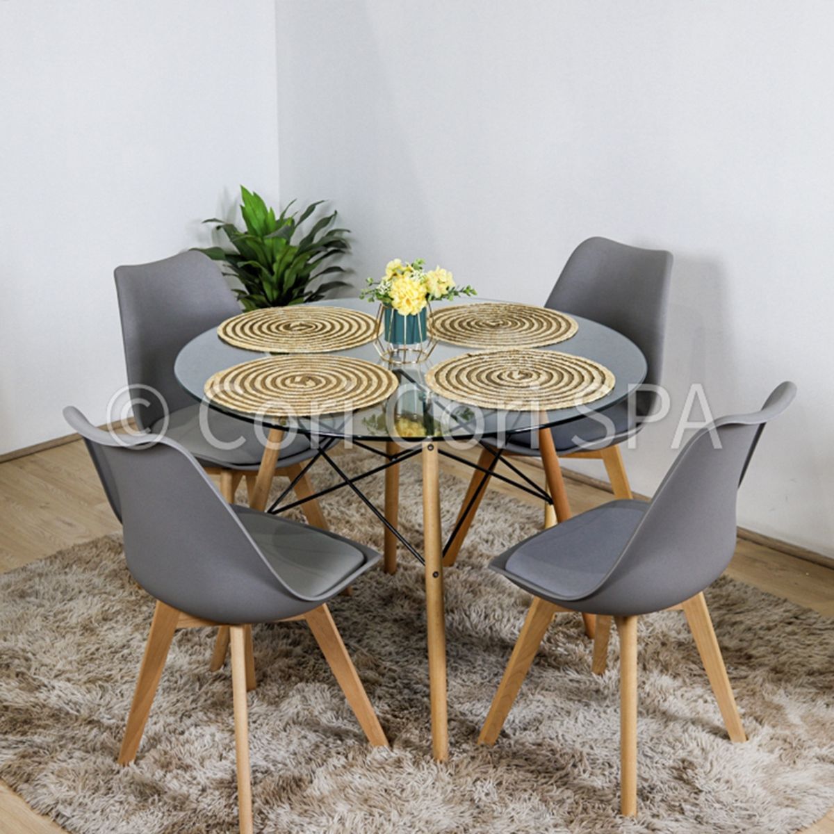 CORI CORI - Juego Comedor Mesa Eames Vidrio 100 cm + 4 Sillas Tulip Gris