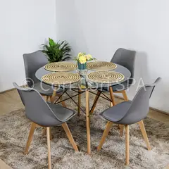 CORI CORI - Juego de Comedor Mesa Eames Vidrio 100 cm + 4 Sillas Tulip gris
