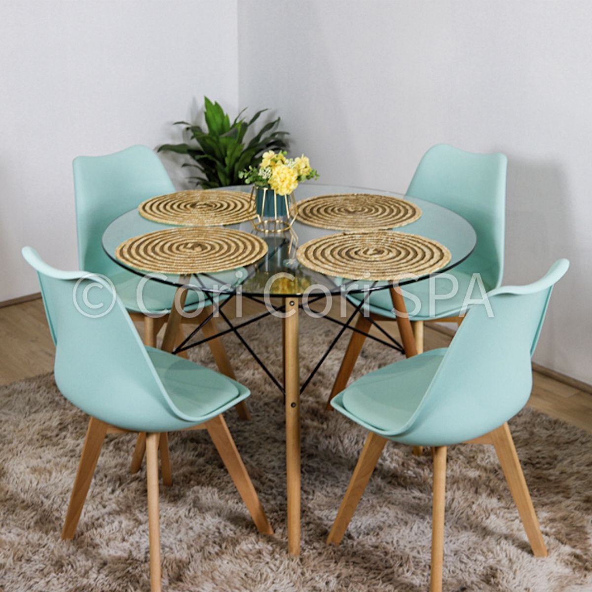 CORI CORI - Juego de Comedor Eames Vidrio 100 cm + 4 Sillas Tulip menta