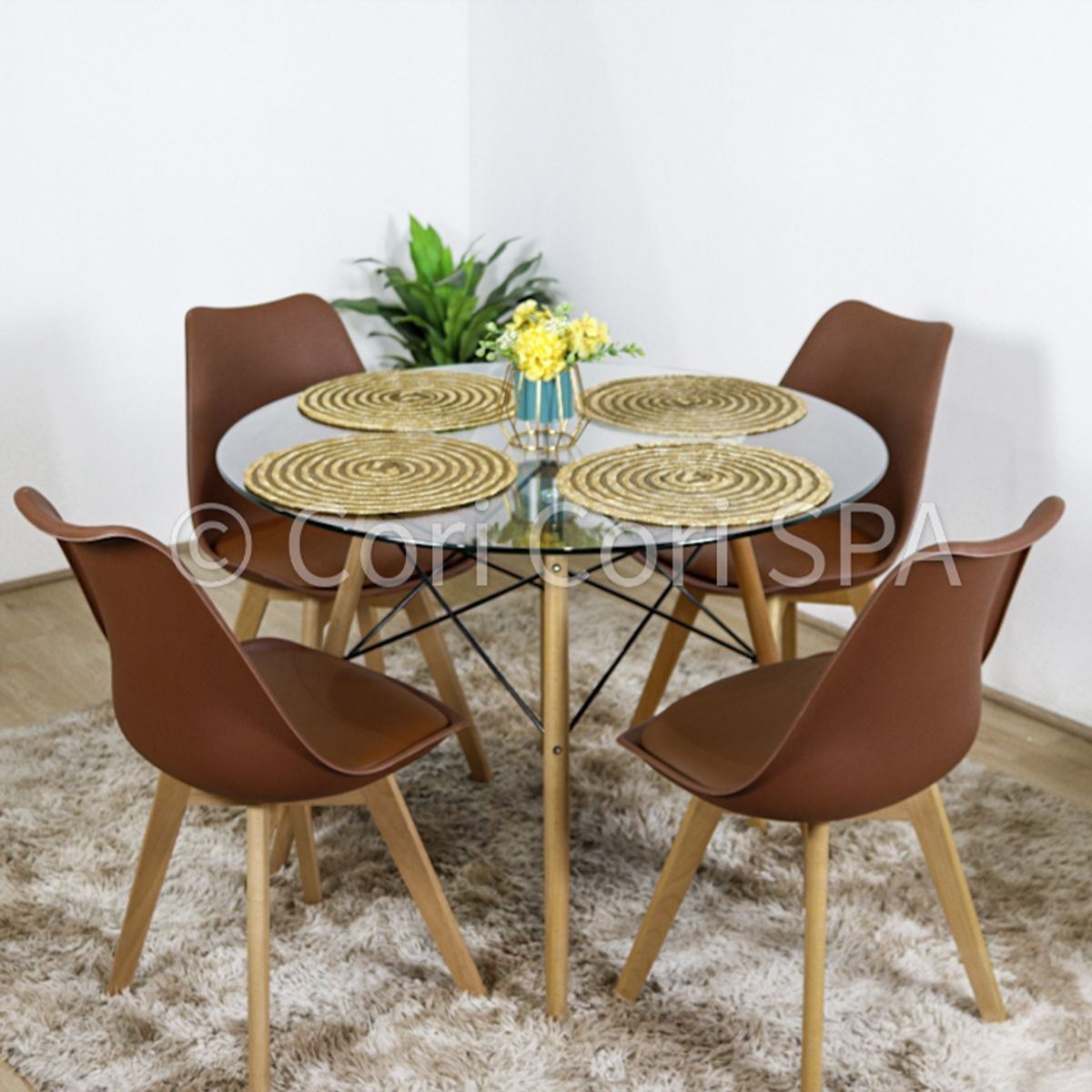 CORI CORI - Juego Comedor Mesa Eames Vidrio 100 cm + 4 Sillas Tulip Cafe