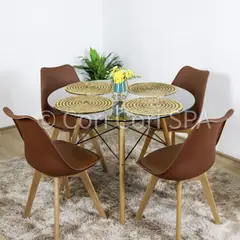 CORI CORI - Comedor Mesa Eames Vidrio 100 cm + 4 Sillas Tulip Cafe
