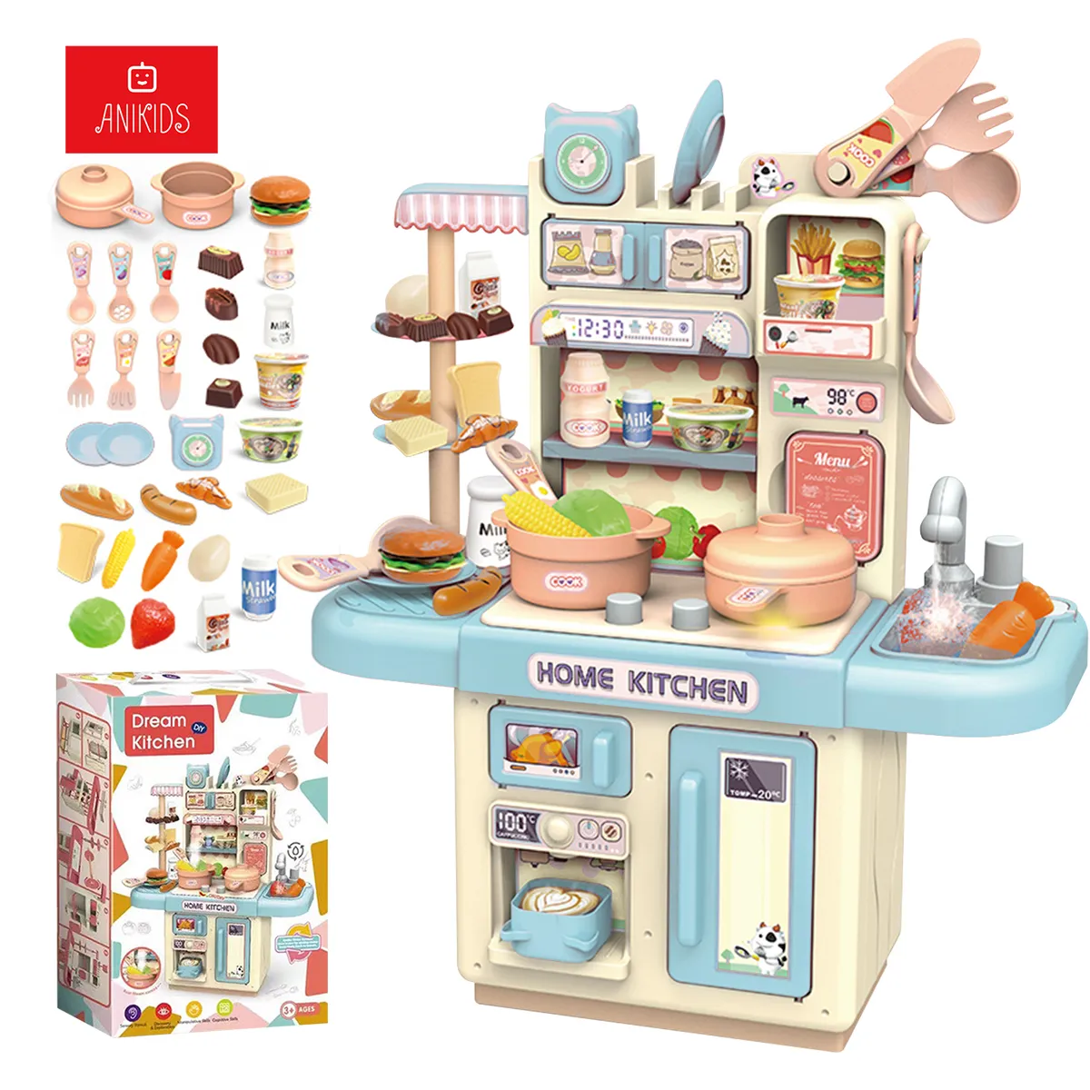 ANIKIDS - Cocina De Juguete Kitchen 32pcs Juego De Niñas Niños Celeste