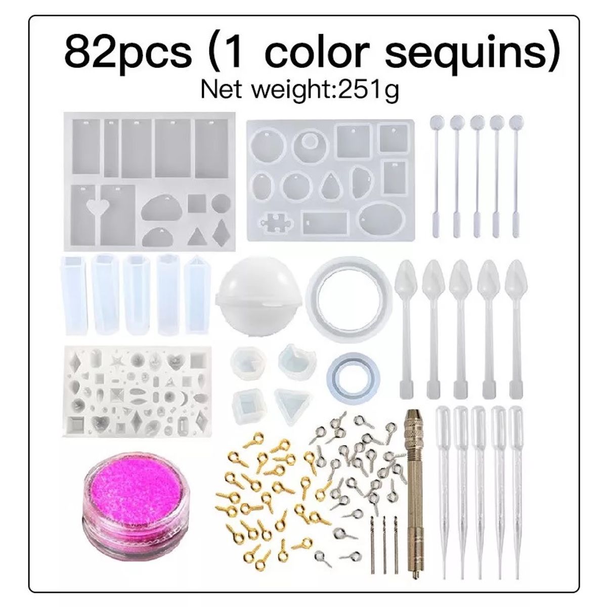 GENERICO - Kit Molde Silicona Resina Uv Inicio Collar Llavero Aros 82pc