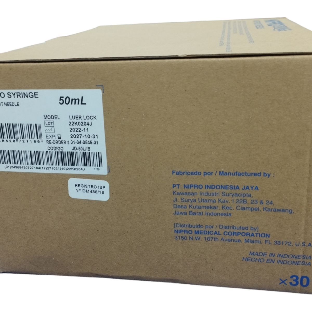 NIPRO - Jeringa 50cc Pta. Central Luer Lock S/Aguja, Caja x 30 Unidades