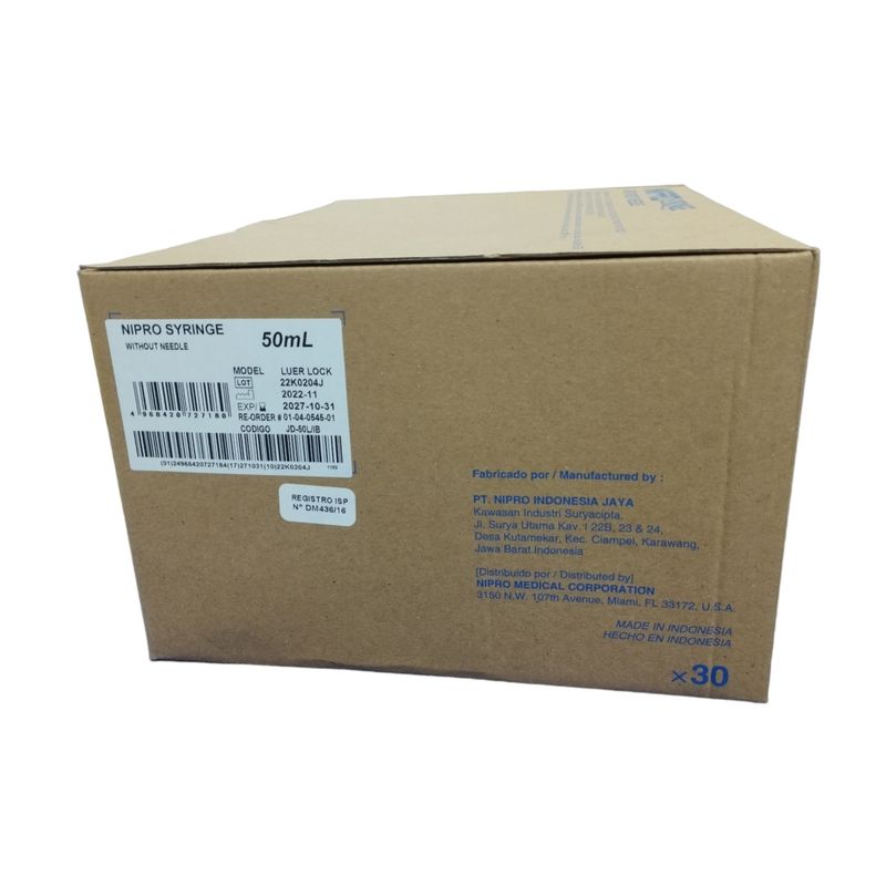 NIPRO - Jeringa 50cc Pta. Central Luer Lock S/Aguja, Caja x 30 Unidades