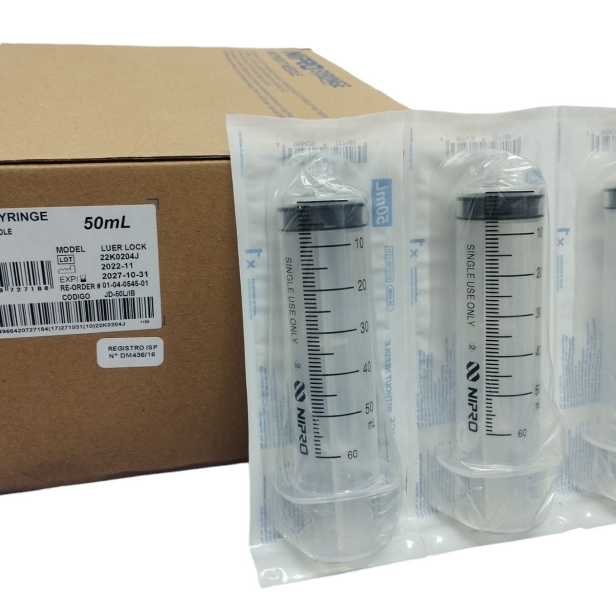 NIPRO - Jeringa 50cc Pta. Central Luer Lock S/Aguja, Caja x 30 Unidades