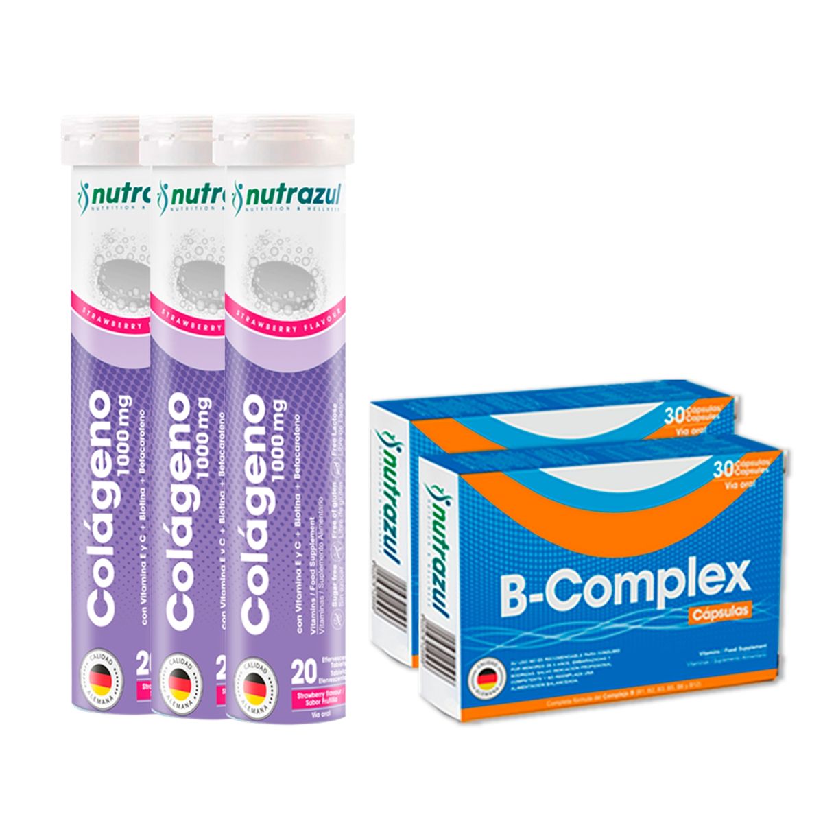 NUTRAZUL - Colágeno Marino Hidrolizado 1000 mg (3) + B-Complex Cápsulas (2)  -Pack 5 unidades..