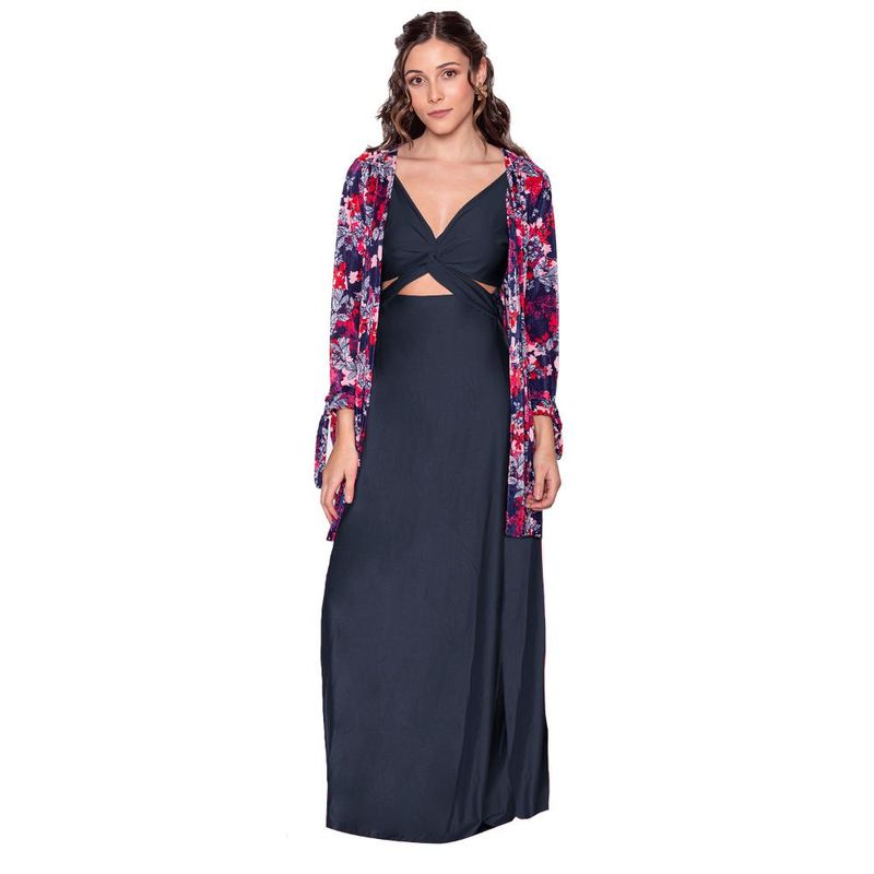 MARIA PASKARO - Tapado Kimono Corto Dublin Azul Flores Maria Paskaro - Azul Marino