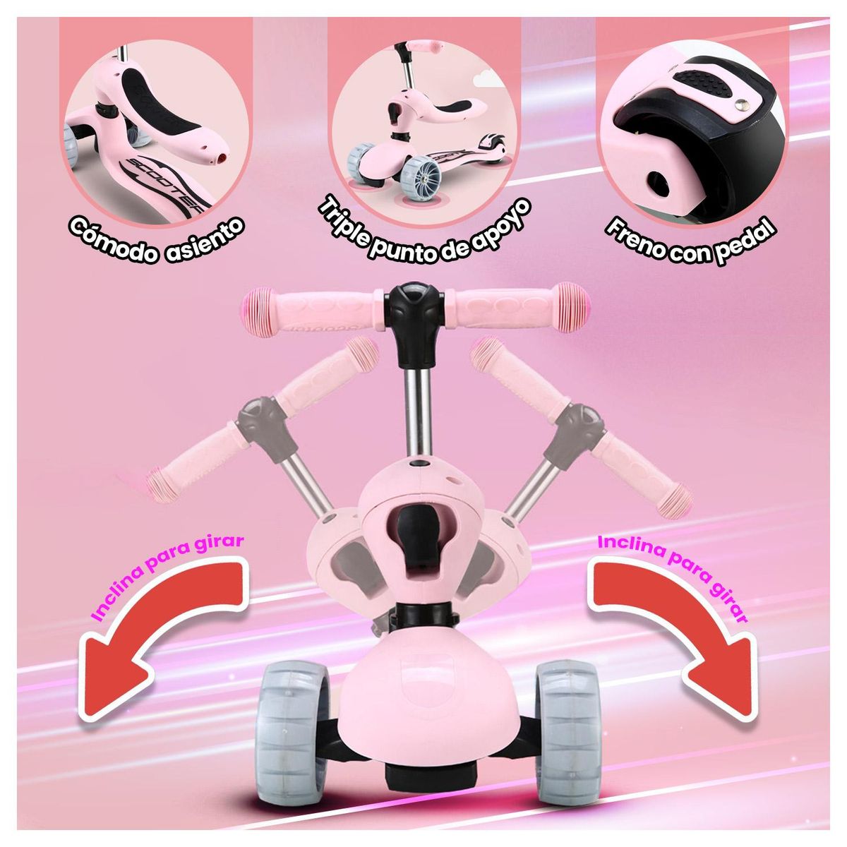 GLOBAL LATIN GROUP - Monopatín Triciclo Infantil  Convertible y Ajustable - Rosa