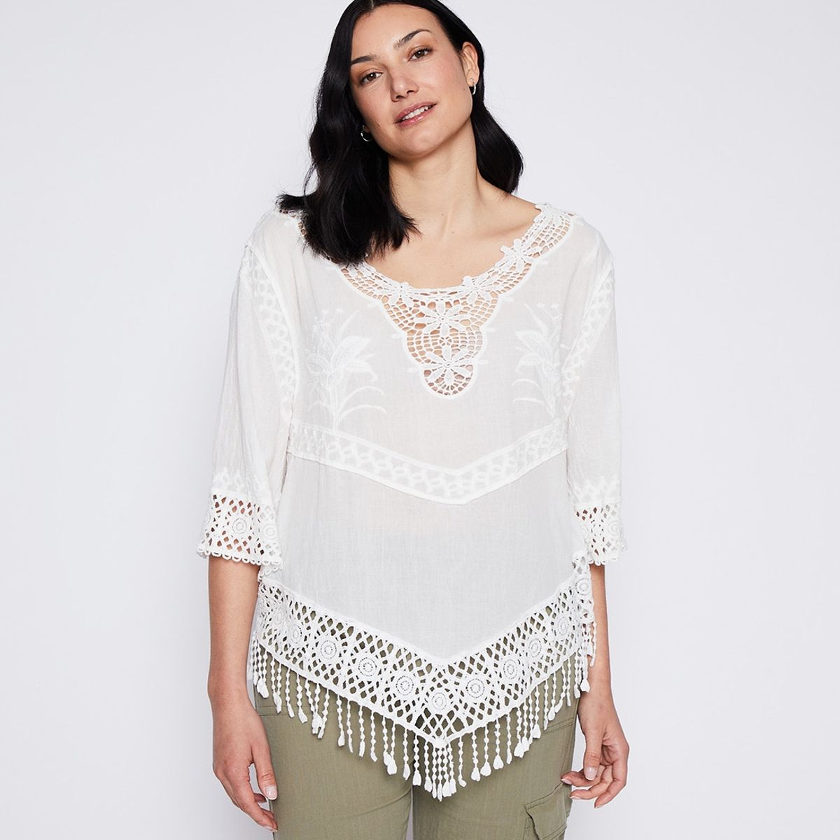 FAMILY SHOP - Blusa Mujer Manga 3/4 Macrame Blanco Family Shop