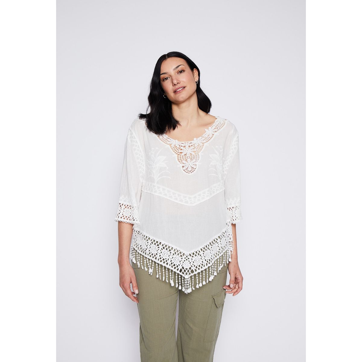 FAMILY SHOP - Blusa Mujer Manga 3/4 Macrame Blanco Family Shop