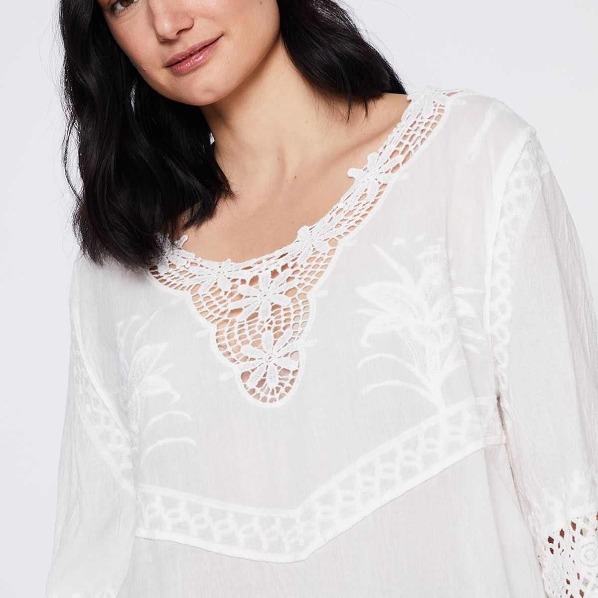 FAMILY SHOP - Blusa Mujer Manga 3/4 Macrame Blanco Family Shop