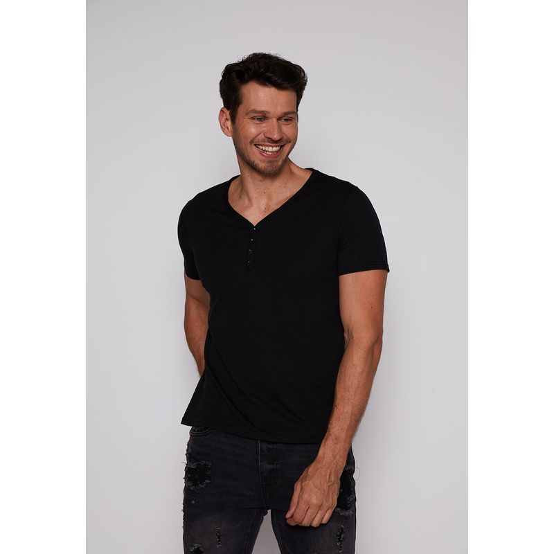 FAMILY SHOP - Polera Hombre Cuello V Botones Negro Family Shop