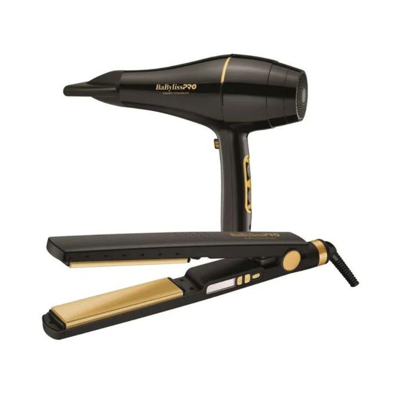 BABYLISS PRO - Kit Babylisspro Plancha Iónica 32mm  Secador Edición Limitada Nano Black Gold BNTBGPP43UZ Doble Voltaje.