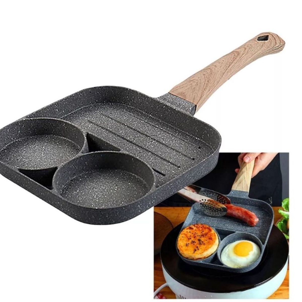 GENERICO - SARTEN MANUAL MULTIUSO PARA HUEVOS  ANTIADHERENTE 3 ESPACIOS