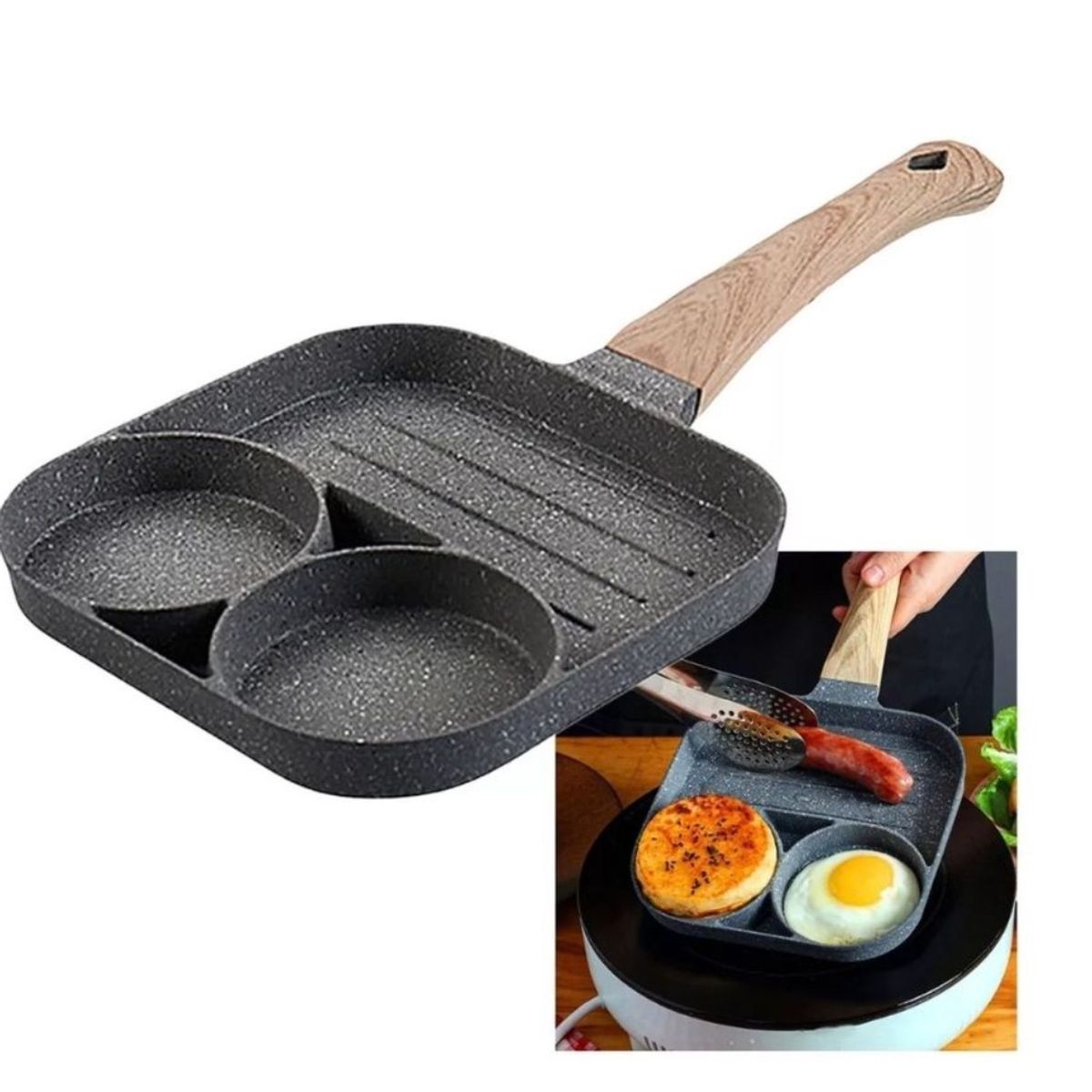 GENERICO - SARTEN MANUAL MULTIUSO PARA HUEVOS  ANTIADHERENTE 3 ESPACIOS