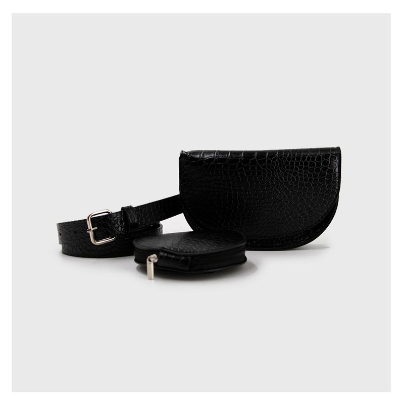 GENERICO - Riñonera Doble Bolso Cocodrilo Negro Plateado