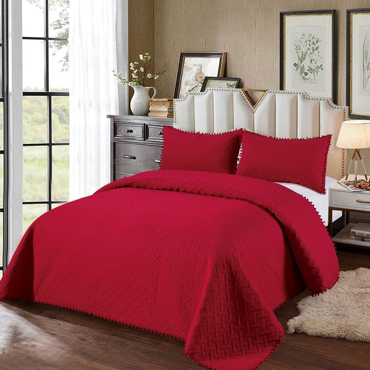 GENERICO - CUBRE CAMA DE VERANO CON POMPONES DOS PLAZAS