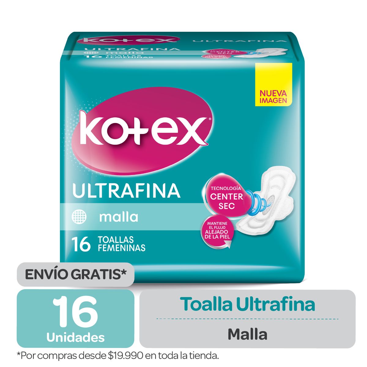 KOTEX - Toalla Femenina Kotex Ultrafina Malla C/A -  16 uds.