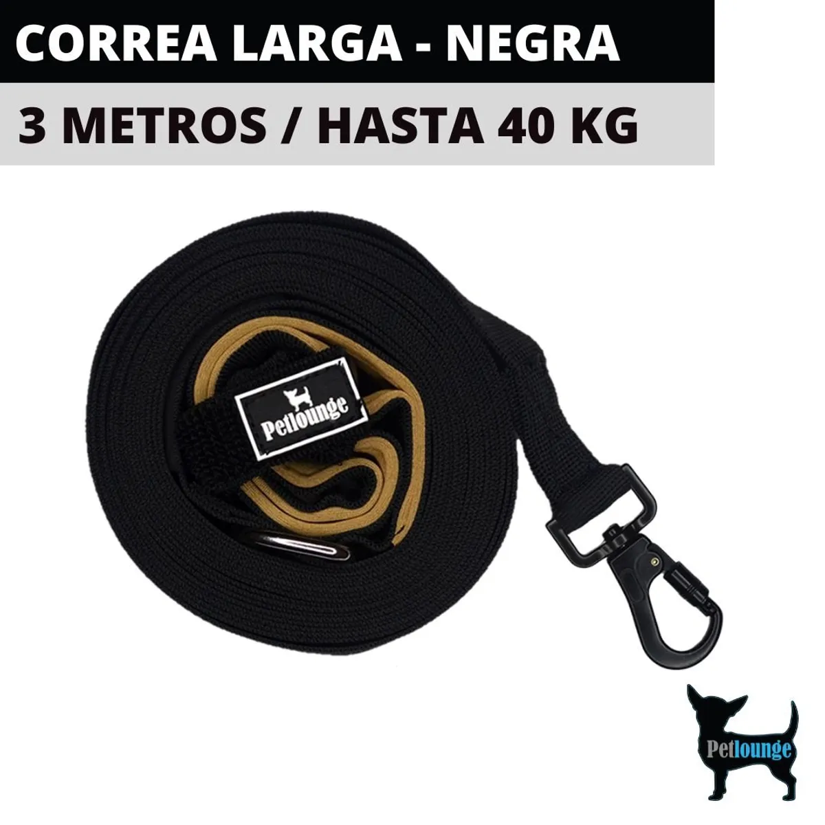 PETLOUNGE - Correa Larga Perros - Reforzada - 3 Metros - Negra - Perro