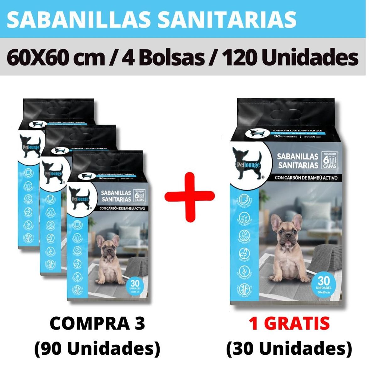 PETLOUNGE - 120 Sabanillas Entrenamiento Pañales con Bambú Perro 60X60cm