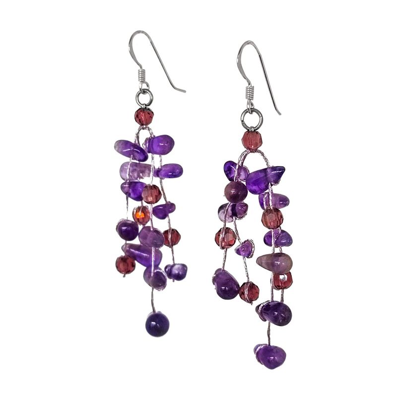 ANDREA COGGIOLA JOYAS - Aros Gancho Chips Amatista y Cristales Hilo De Seda Plata Fina 925