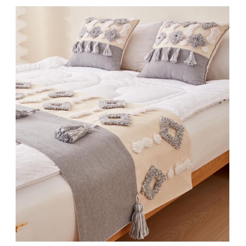 COMPRAPO - Set Piecera Boho Lino Borlas Grises 210x60 y 2 Fundas 45x45