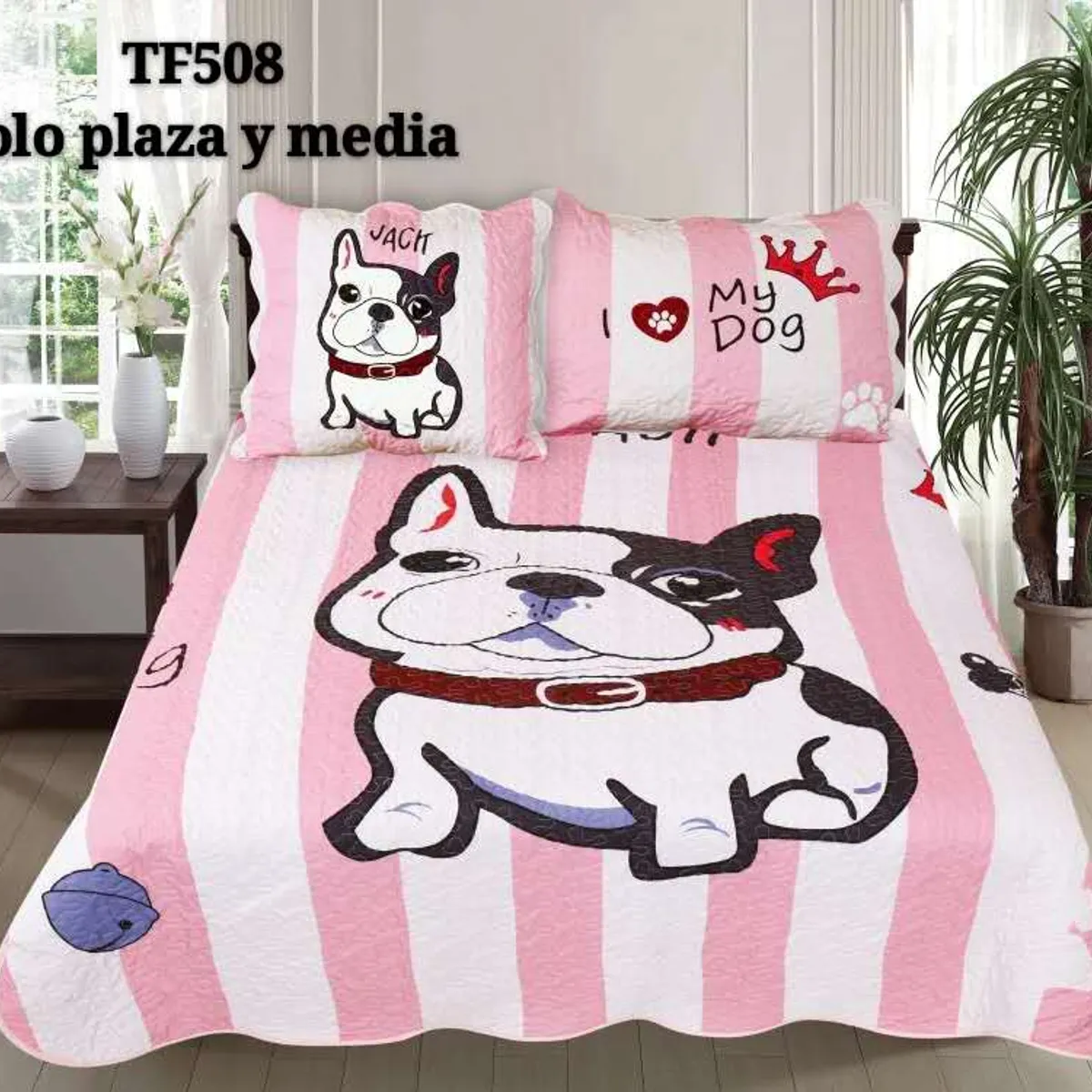 GENERICO - Cobertor de verano tipo Quilt con fundas - Cubrecamas 1,5 Plaza - My Dog