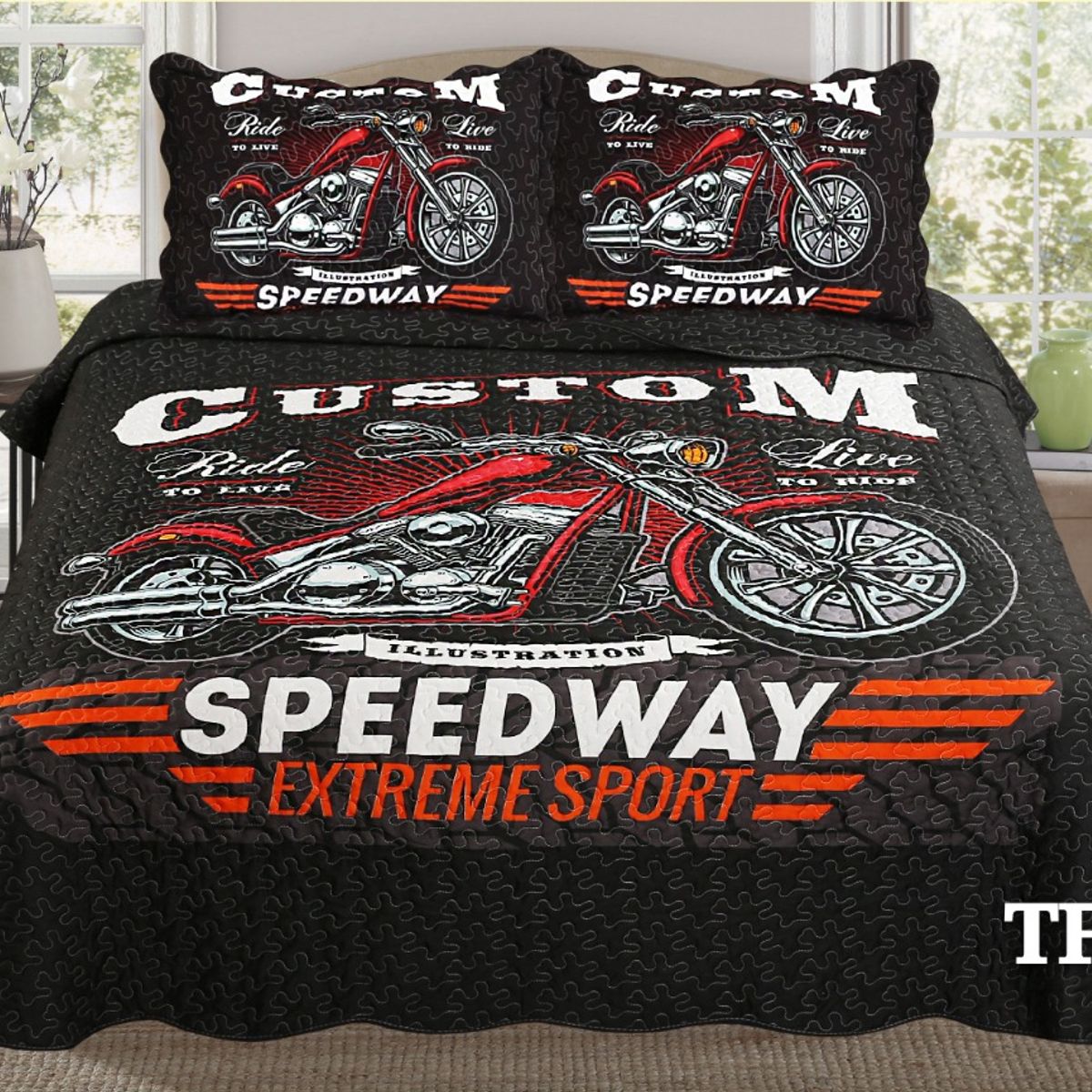 GENERICO - Cobertor de verano tipo Quilt con fundas - Cubrecamas 2 Plazas - Motocycle