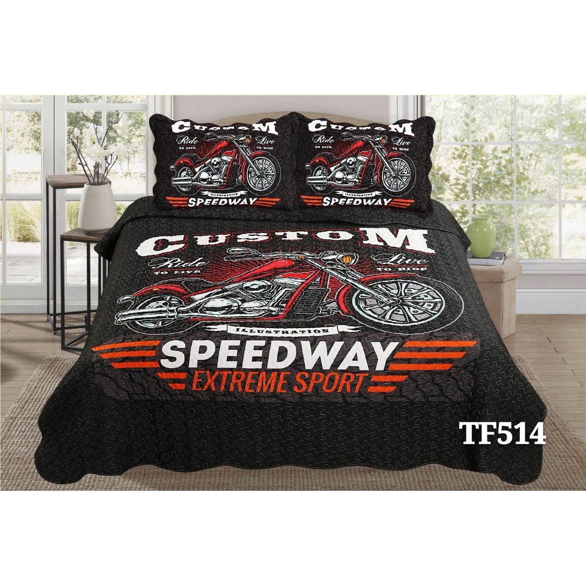 GENERICO - Cobertor de verano tipo Quilt con fundas - Cubrecamas 2 Plazas - Motocycle