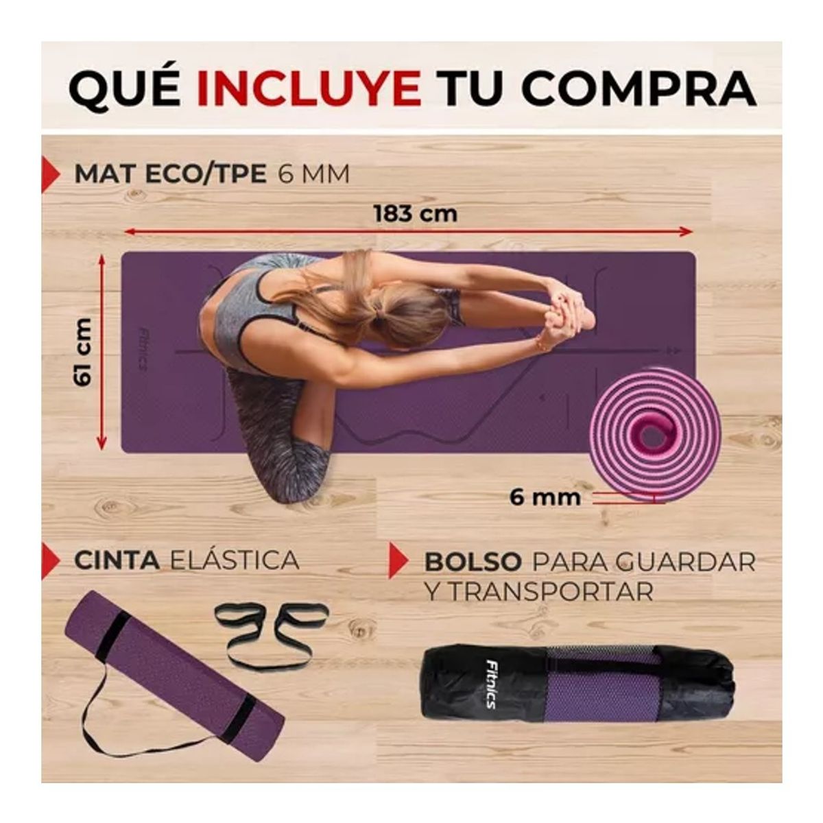 FITNICS - Mat Yoga Colchoneta Eco 6mm Doble Color Guías bolso correa
