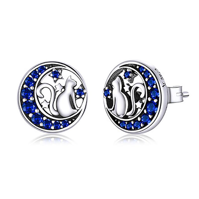 TODOJOYAS - Aros Plata 925 Gato en Luna Azul