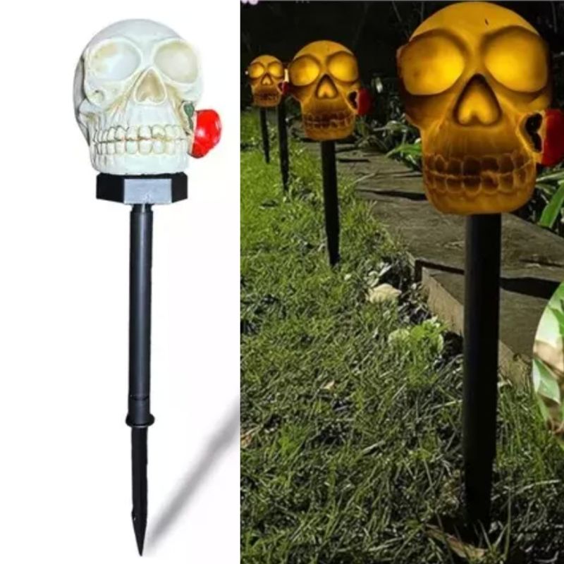 GENERICO - Estaca Solar De Calavera Con Flor Roja En Luz Cálida Jardín