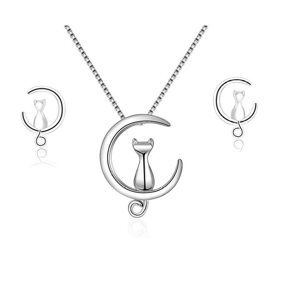 TODOJOYAS - Conjunto Collar y Aros Gatitos en Luna Plateado