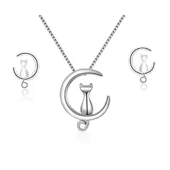 TODOJOYAS - Conjunto Collar y Aros Gatitos en Luna Plateado