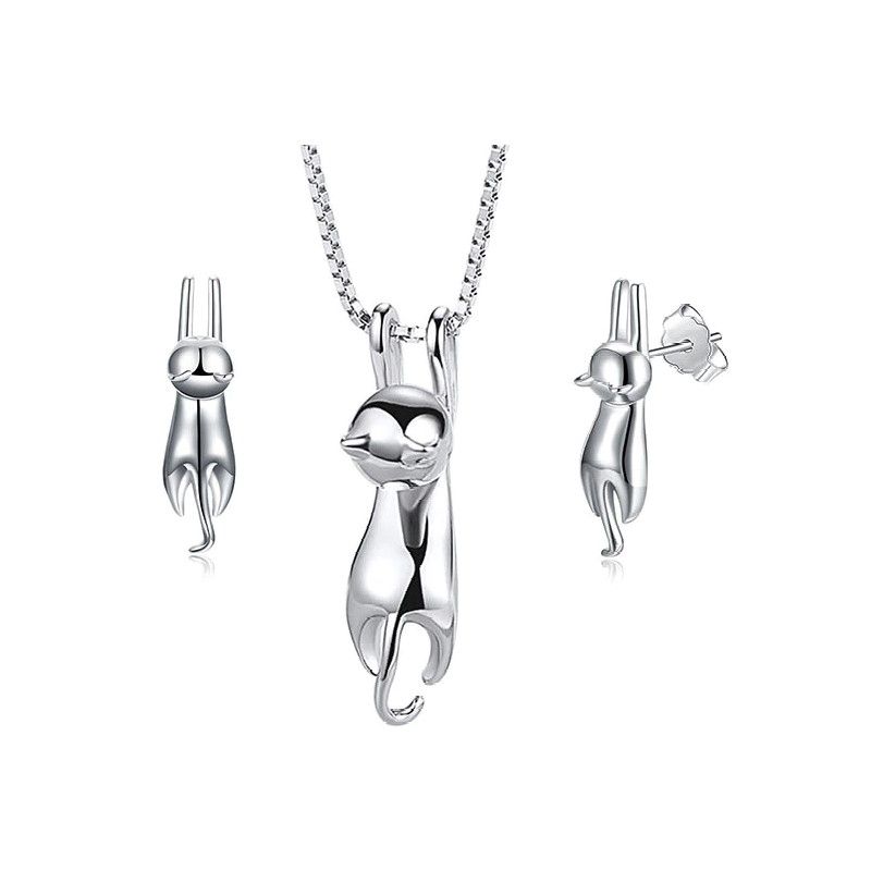 TODOJOYAS - Conjunto Collar y Aros Gatitos Colgantes Plateado